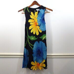 Vtg 90s Y2K Tessuto Black Floral Sleeveless Dress Sz S Rayon Yellow Blue